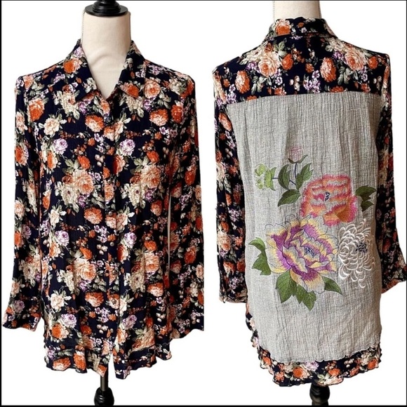 Aratta Silent Journey Floral Embroidered Boho Tunic Top Gray Back Medium - Picture 1 of 16